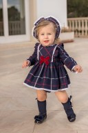 Dolce Petit Baby Girls Navy Blue & Red Checked 3 Piece Dress Set 