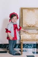 Baby Girls Gray Dress with Red Lace Collar & Bonnet Set