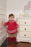 Dolce Petit Baby Girls Red Dress & Short Set with Blue Polka Dot Ruffles