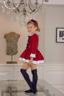 Girls Red & Navy Blue Checked Dress with White Ruffles