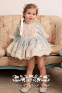 Girls Pale Blue & Beige Embroidered Tulle 2 Piece Dress Set 