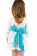 White & Aqua Green Polka Dot Three-Quarter Sleeve Dress