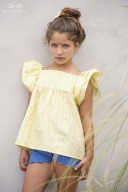Girls Yellow & Blue Floral Print Cotton Dress