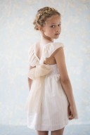 Girls Ivory & Gold Striped Dress with Tulle Bow