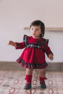Baby Girls Burgundy Jersey Dress With Tartan Yoke & Hem
