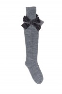 Girls Gray Knitted Long Socks with Velvet Bow