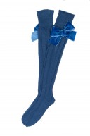 Girls Royal Blue Ribbed Knit Long Socks with Bow