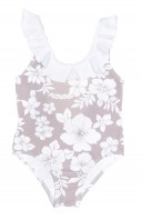 Gray & White Floral Print Ruffle Swimsuit 