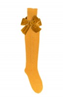 Girls Mustard Knitted Long Socks with Velvet Bow