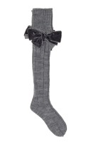 Girls Gray Ribbed Knit Long Socks with Bow