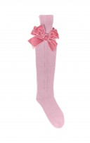 Girls Pale Pink Knitted Long Socks with Velvet Bow