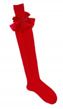 Girls Red Knitted Long Socks with Velvet Bow