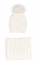 Ivory Knitted Hat with Fur Pom-Pom & Snood Set 