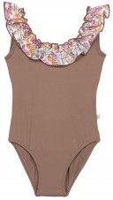 Girls Taupe & Flower Print Ruffle Swimsuit