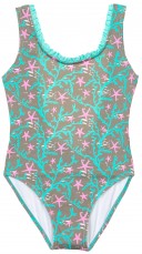 Girls Aqua Green Coral Print Swimsuit