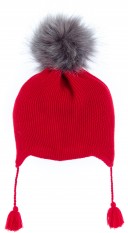 Red Knitted Hat & Grey Synthetic Fur Pom-Pom