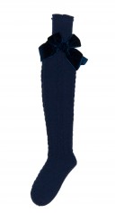 Navy Blue Fine Knitted Long Socks with Velvet Bow