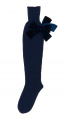 Navy Blue Fine Knitted Long Socks & Velvet Bow