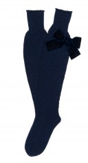 Navy Blue Fine Knitted Long Socks & Velvet Bow