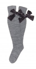 Gray Fine Knitted Long Socks with Velvet Bow