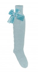 Mint Fine Knitted Long Socks with Velvet Bow