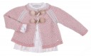 Pale pink tweed knitted cardigan with pom-pom detail