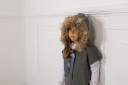 Gray Knitted Poncho Gillet With Synthetic Fur Hood & Satin Bow