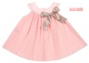 Pale Pink Pleated Dress with Beige Satin Bow