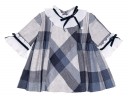 Girls Navy Blue & Grey Checked Dress with Pleated Collar