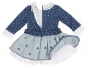 Girls Blue Knitted Dress with Cheviot Polka Dot Skirt